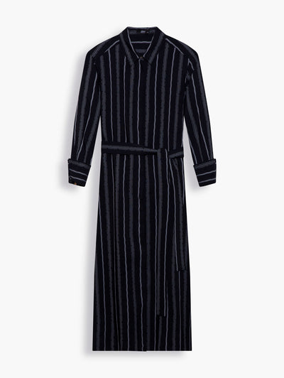 Midi Shirt Dress in Black Stripe. The design looks more polished with the tailored cut and partially concealed button fastenings along the front. It's made from a flattering, slightly structured dobby fabric in vertical stripes and comes with a matching sash belt to define your waist.