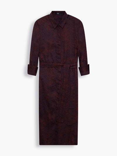 Cotton Midi Shirt Dress in Burgundy Print. Made from a soft, lightweight jacquard satin cotton with intricate leaf motif print in an elegant burgundy hue. The dress is thoughtfully cut to add some femininity to its fluid silhouette. Wear with your favorite statement jewellery and the accompanying sash belt to define the waist for a more flattering silhouette.