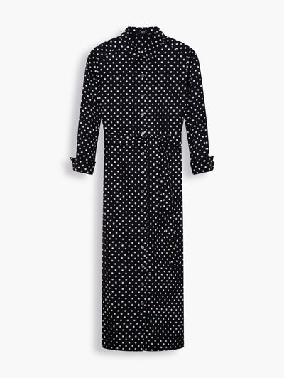 Cotton Maxi Shirt Dress in polka dot. This shirt dress comes in a neat black and white polka dot print - an alluring fashion classic. The dress is thoughtfully cut to add some femininity to its fluid silhouette. Wear it with the waist belted with statement heels or leave a few buttons undone at the hem and head outdoor with a pair of sunglasses. You will look effortlessly chic and put together however you decide to style it.